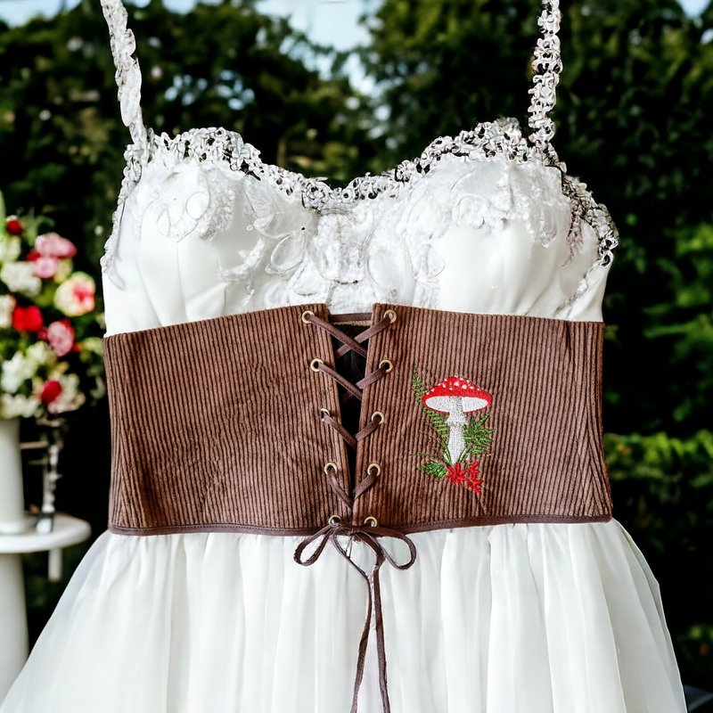 Lace up wide corset belt embroidered for dress, underbust corset custom size - เข็มขัด - ผ้าฝ้าย/ผ้าลินิน สีนำ้ตาล