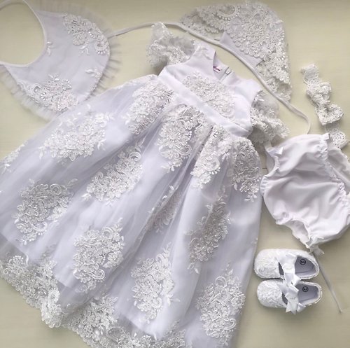 V.I.Angel White dress with lace, panties, headband, bonnet, bib and shoes for baby girl.