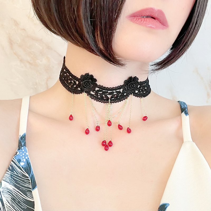 For your charming neck / Black lace and red drop choker SV146 - Chokers - Polyester Black