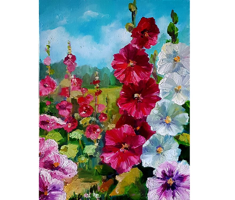 Mallow Painting  Floral Original Art Flowers Canvas  Oil Paiting  客廳的畫  掛畫 - Posters - Other Materials Purple