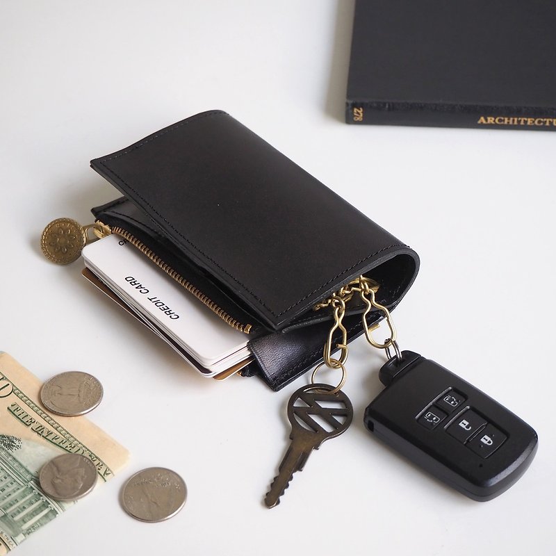 Single Gusset Key Case with Zipper Pocket / Black - ที่ห้อยกุญแจ - หนังแท้ สีกากี