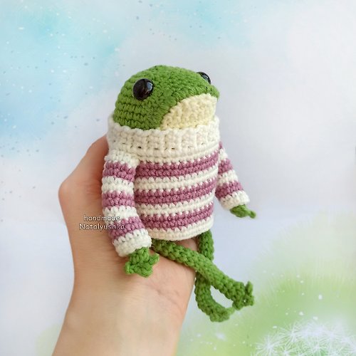 WithLoveNatalia Soft flexible toy Frog, Crochet green Frog in striped sweater, Froggy lover gift