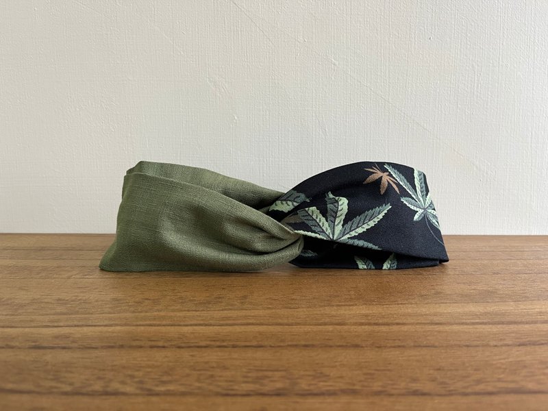 Double-piece headband/big hemp leaf-green - ที่คาดผม - ผ้าฝ้าย/ผ้าลินิน สีเขียว