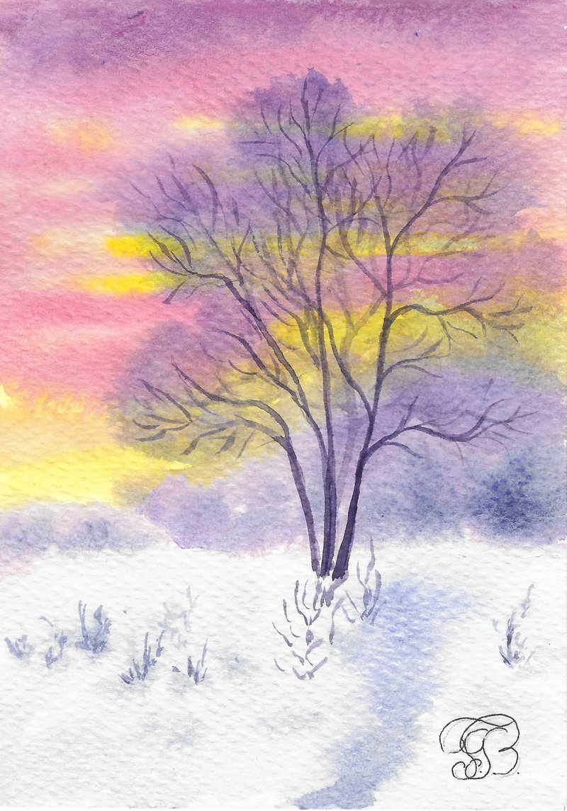 冬景色 水彩画 ミニチュアペイント - ウォールデコ・壁紙 - 紙 パープル
