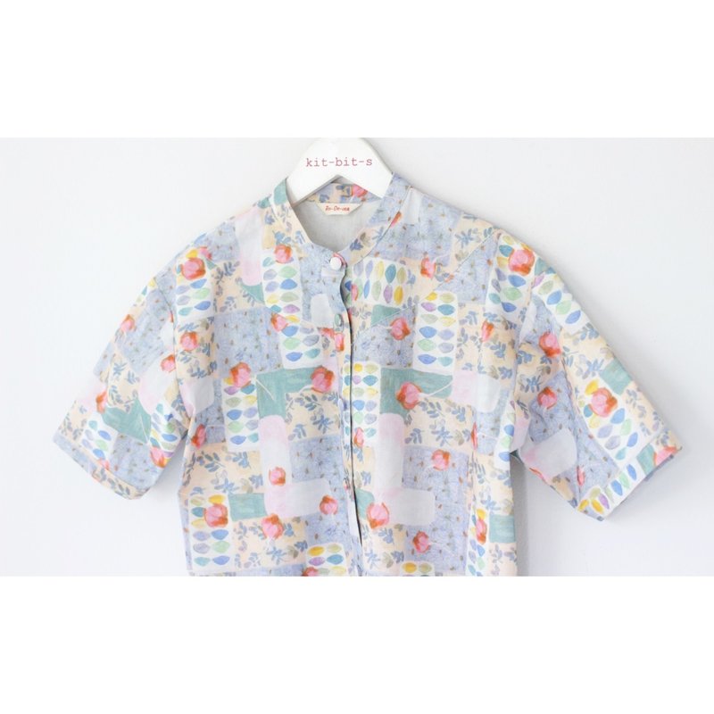 Triangle front and back patchwork shirt, blue-gray tone - 女上衣/長袖上衣 - 棉．麻 多色