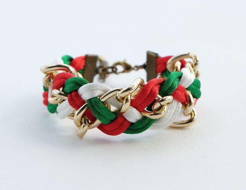 Christmas gift collection , Red/White/Green braided bracelet with chain - Bracelets - Other Materials Green