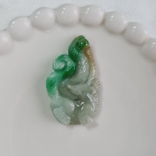 緣圓翡翠 三彩招人緣九尾狐吊墜 | 天然緬甸玉A貨翡翠