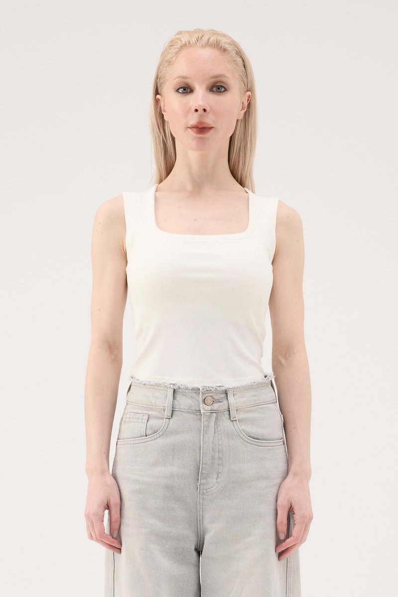 TENCELTM Cooling Square Neck Ribbed Bra Top - White - เสื้อกั๊กผู้หญิง - ไฟเบอร์อื่นๆ ขาว