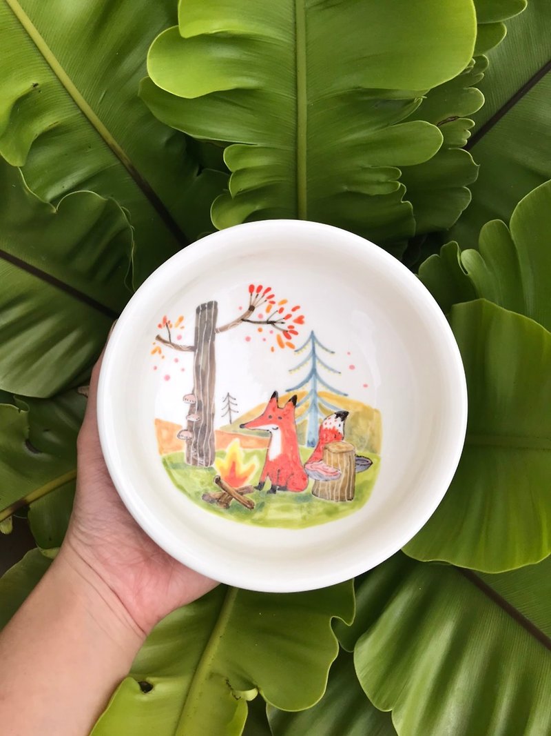 Hand drawn blank underglaze painted fox series bowl - Plates & Trays - Porcelain Multicolor