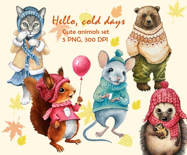 Digital】Cute animals in warm clothes. Watercolor images set. - Shop  OlgaWatercolorArt Digital Portraits, Paintings & Illustrations - Pinkoi