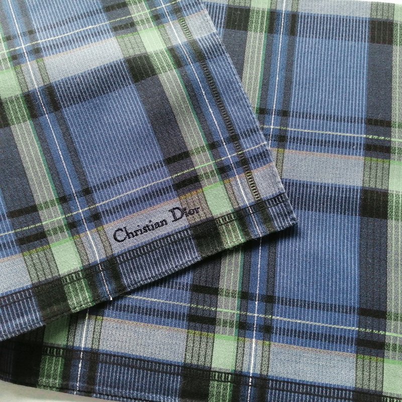 Vintage Christian Dior Blue Plaid Woven Handkerchief 19 x 19 inches - 手帕 - 棉．麻 藍色