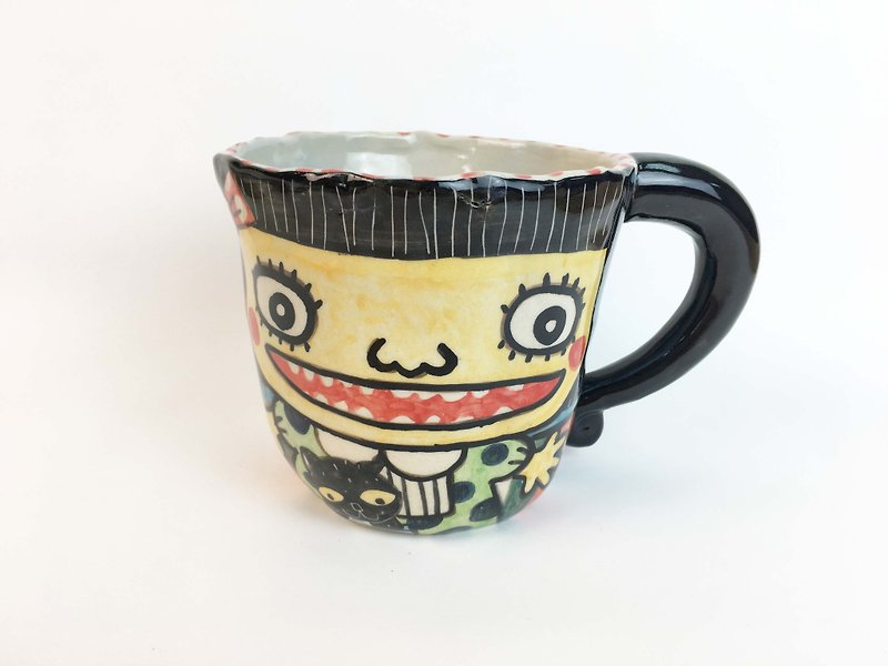 Nice Little Clay Handmade Mug_Flower Cat & Girl 0103-02 - ถ้วย - ดินเผา สีน้ำเงิน