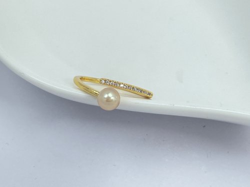 Athena珍珠設計 天然海水珍珠 akoya 皇後金 開口 滿鑲 純銀 戒指