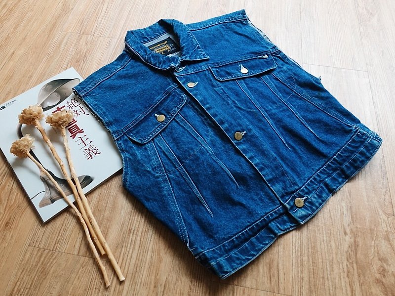 Vintage / vest no.50 - เสื้อกั๊กผู้หญิง - ผ้าฝ้าย/ผ้าลินิน สีน้ำเงิน
