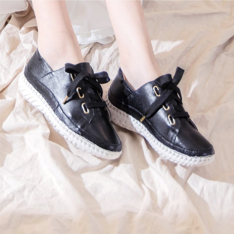 +5cm Wide Lace Thick Sole Heighten Leather Casual Shoes Loafers White Shoes (Night Black) - รองเท้าลำลองผู้หญิง - หนังแท้ สีดำ