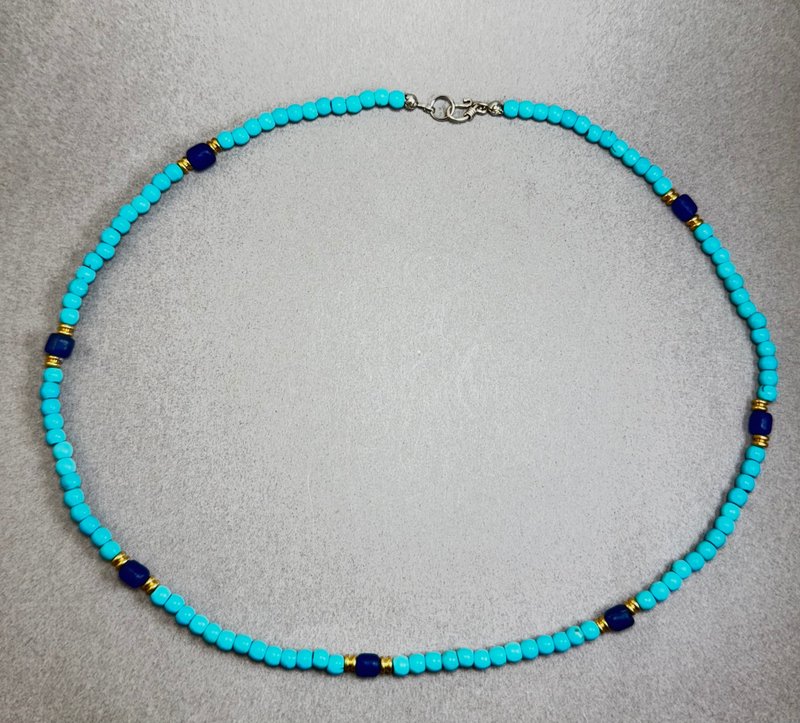 4mm Natural Turquoise & West Asian Glass Short Necklace / Ethnic Handmade Jewelry - สร้อยคอ - หยก 