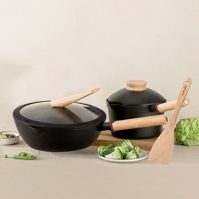 【Taste Plus】Yuewei Yuanmu Diamond Grade Non-stick Frying Pan 26cm + Milk Pan 18cm - Pots & Pans - Aluminum Alloy Black