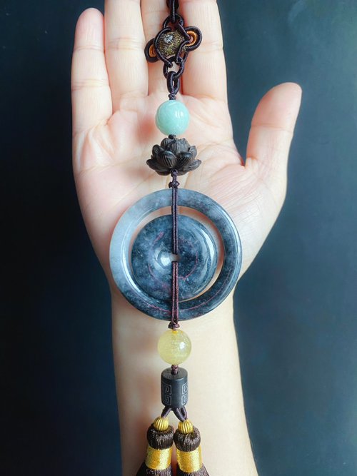 樂藏｜輕珠寶｜手作能量 天然緬甸玉翡翠 細糯水墨風烏雞子母扣 大平安扣 禮物 包掛 車掛