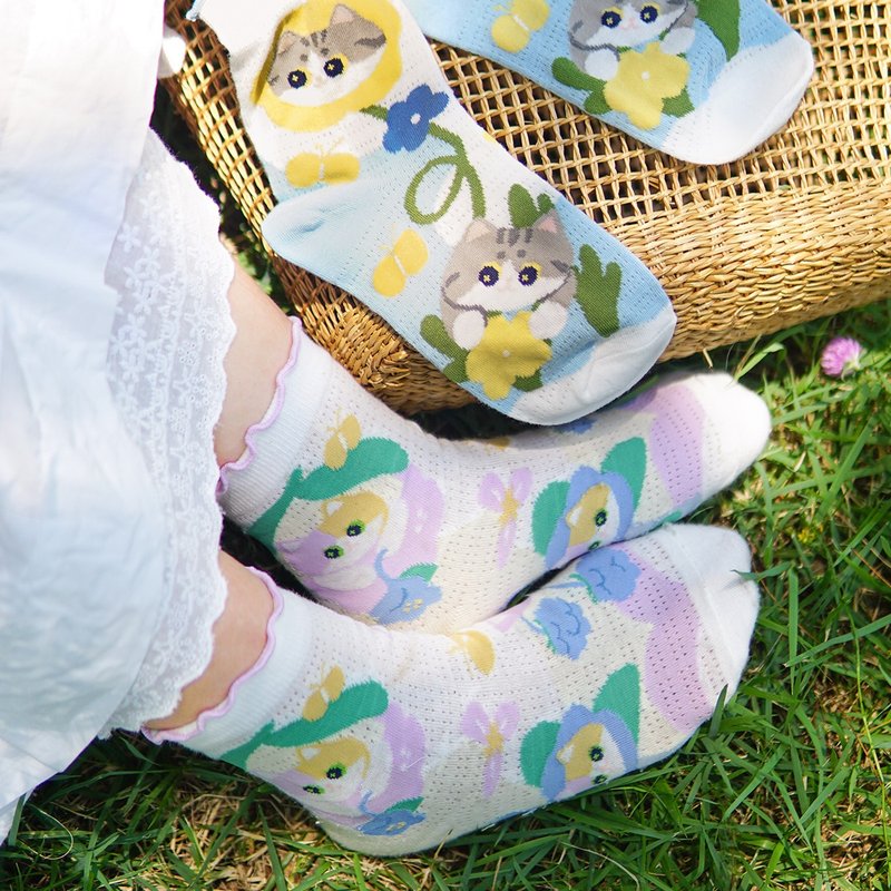 MEWJI Miaoji original cute cat flower illustration jacquard spring and summer thin socks mid-tube socks female gift - ถุงเท้า - เส้นใยสังเคราะห์ 