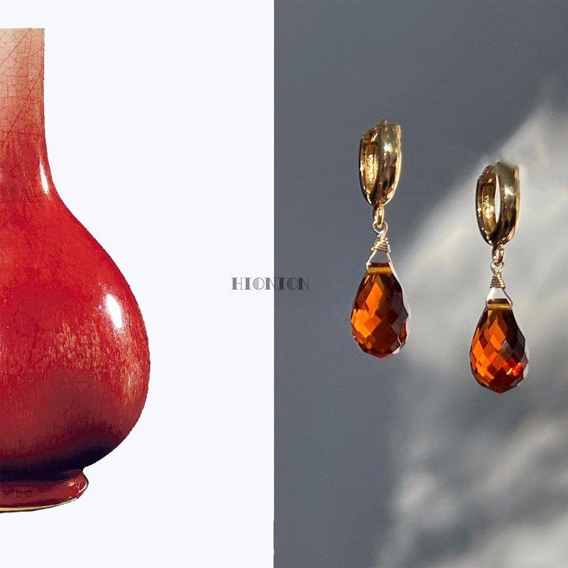 Hi Onion original homemade New Year Langyao red water drop earrings personalized retro ear clip niche whitening earrings - ต่างหู - วัสดุอื่นๆ 