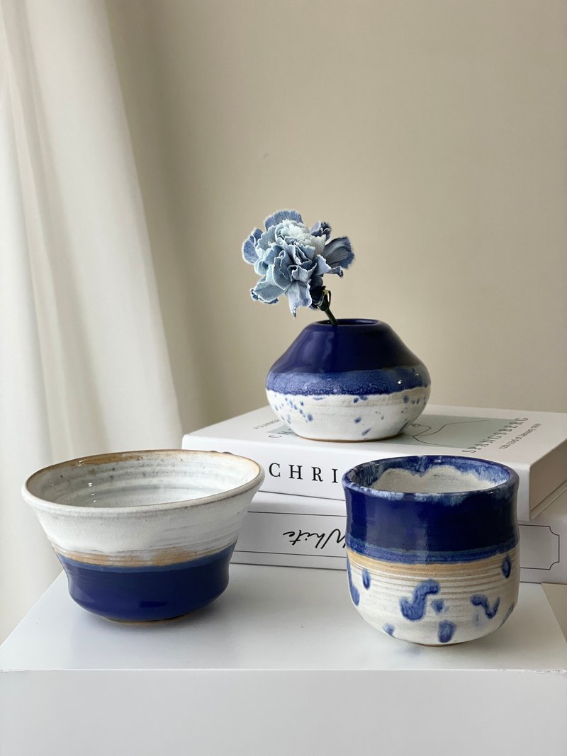 Cyan blue series - round straight food dish / pottery cup / flower vessel - เซรามิก - ดินเผา สีน้ำเงิน