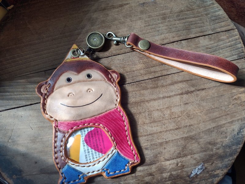 猴子國王裝可愛  純牛皮伸縮識別證/悠遊卡套 - 證件套/識別證套 - 真皮 