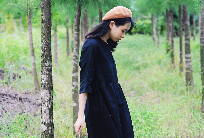 Linen black loose five-point sleeves dress can be worn in all seasons / sleeve length can be lengthened - One Piece Dresses - Cotton & Hemp Black