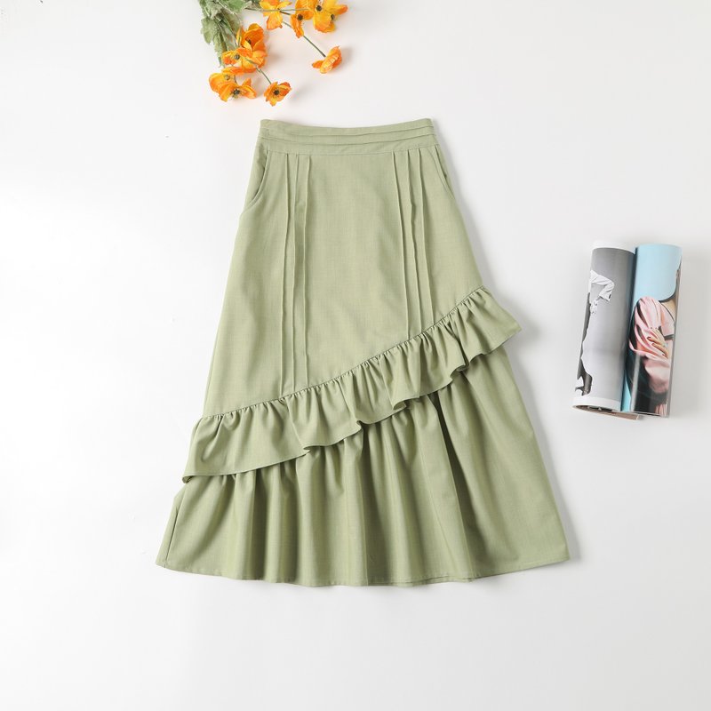 Temperament Double Ruffle Midi Skirt | Yellow | Lined - Skirts - Polyester Green