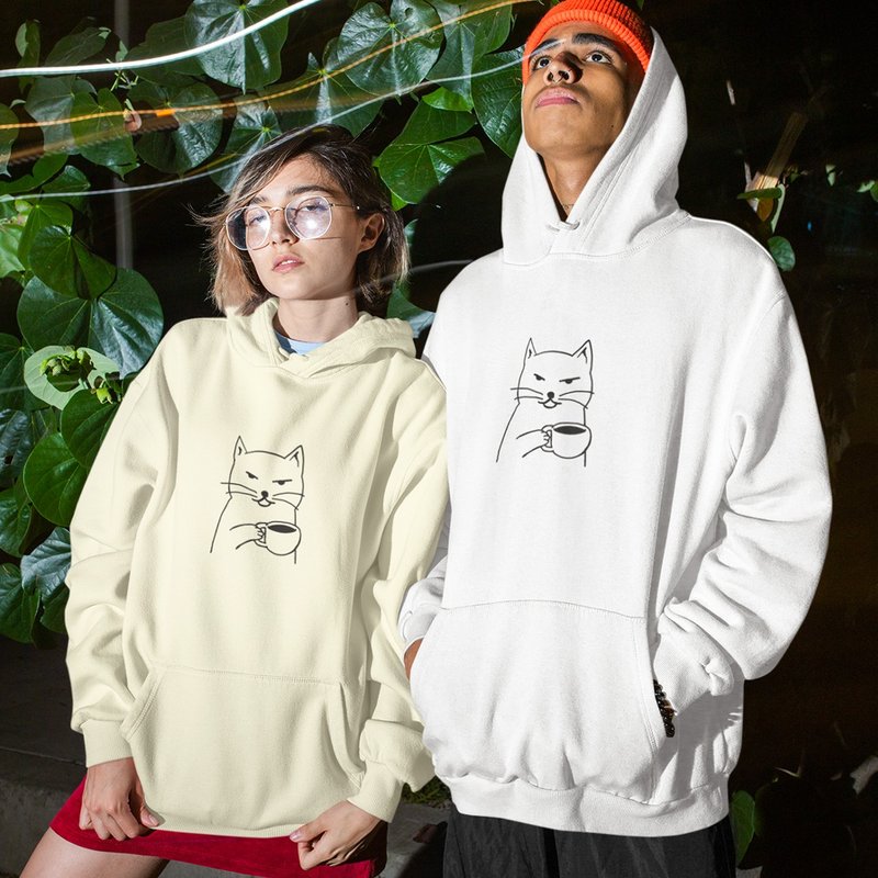 Cat Coffee Cream White Color unisex hoodie sweatshirt - Women's Tops - Cotton & Hemp Multicolor