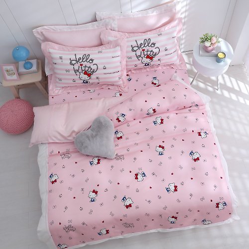 家適居家寢飾生活館 Hello Kitty-萊賽爾天絲-床包被套組- 海洋甜心-粉-滿版-正版授