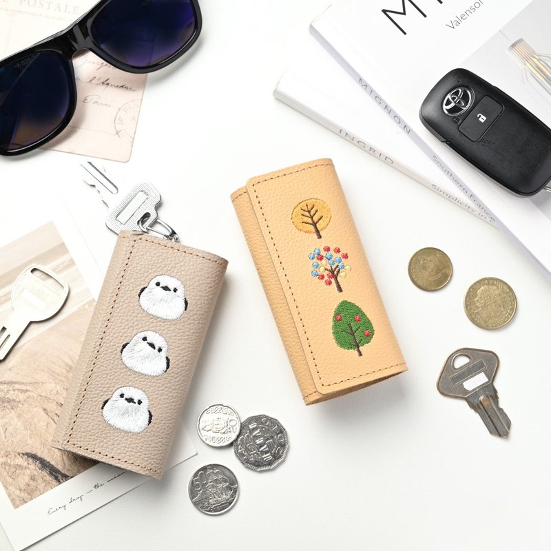 三摺式 鑰匙包 【縮紋皮革 刺繡】 本革 姬路皮革 智慧鑰匙 禮物 HW48K - 鑰匙圈/鑰匙包 - 真皮 黃色