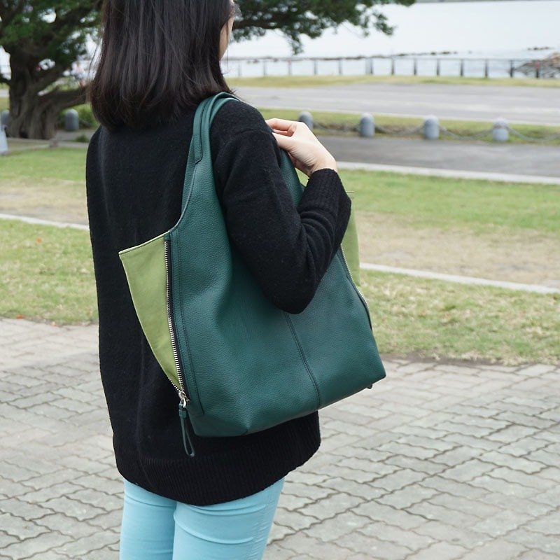 飛鼠袖雙拉鍊購物袋-橄欖綠 - 側背包/斜背包 - 真皮 綠色