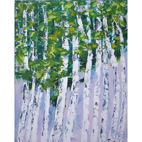 木製額縁入り 白樺のある湖畔の森 原画インテリア - 絵画/タペストリ