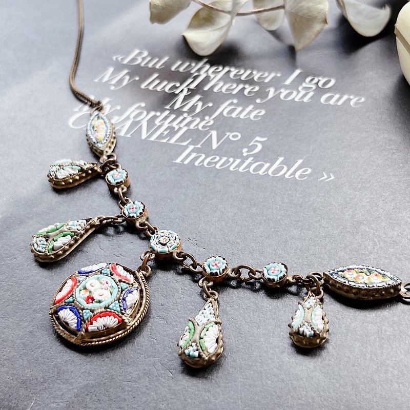 [Italian Micro Mosaic-Garden Mosaic Necklace] Vintage American Antique Jewelry Old Pieces - สร้อยคอ - ทองแดงทองเหลือง 