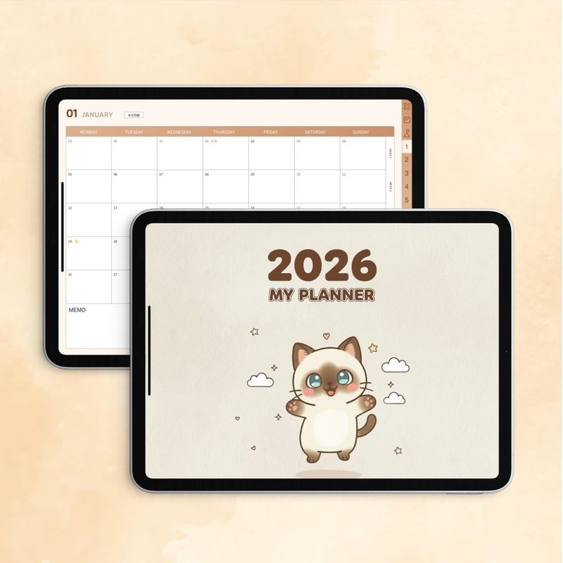 2026週計畫電子手帳|咖啡色溫柔系貓咪主題|GoodNotes|iPad - 電子手帳及素材 - 其他材質 