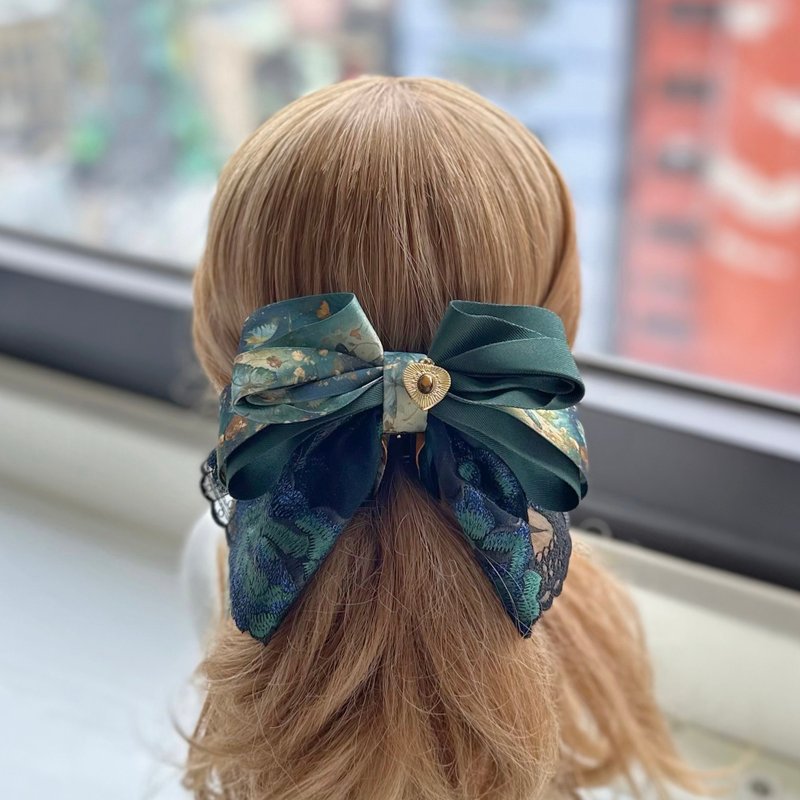 Last in stock - exclusive lace bow intersecting clip banana clip fairy clip hair clip - gorgeous classic black and green - เครื่องประดับผม - วัสดุอื่นๆ สีเขียว