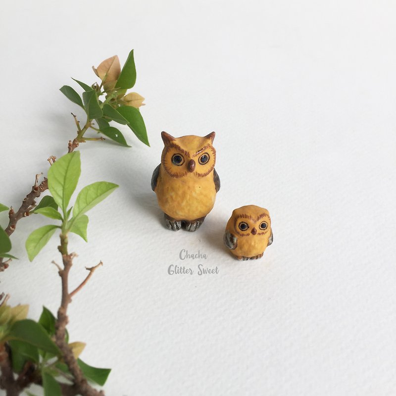 Birthday Gift and Special Day Gift / Twin Owl - Tiny animal figurine - ตุ๊กตา - ดินเผา สีส้ม