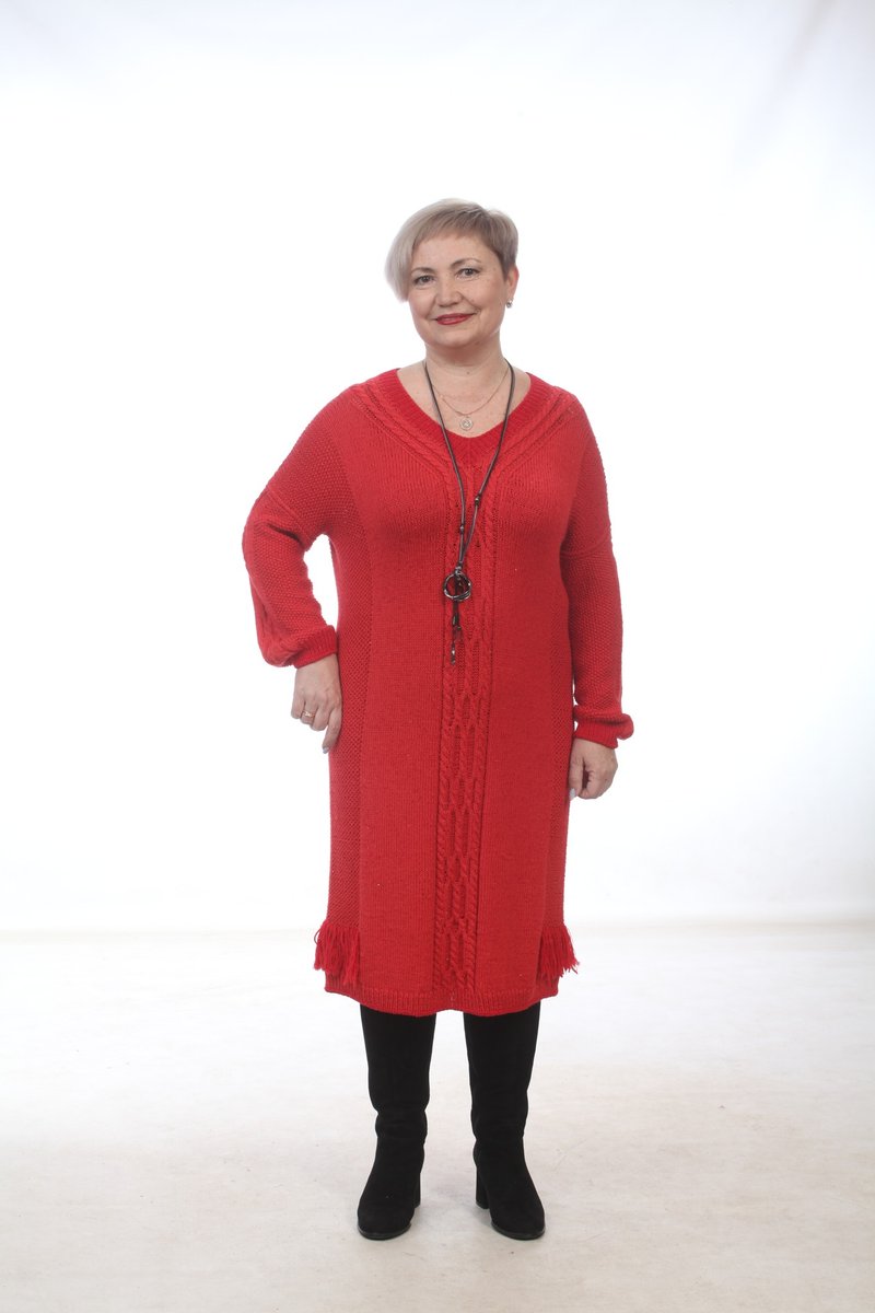 Hand knitted women's red merino wool dress with sequins - One Piece Dresses - Wool Red