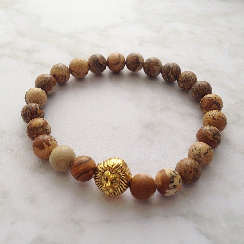 Gold Lion | brown stone | beaded bracelet - Bracelets - Stone Brown