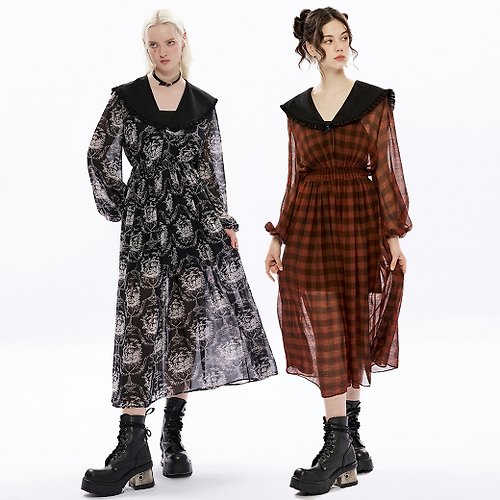 PUNK RAVE 文藝復興薩滿雪紡連身裙 - 多色 / 兩件式 / 寬鬆版型 / 彈性腰圍