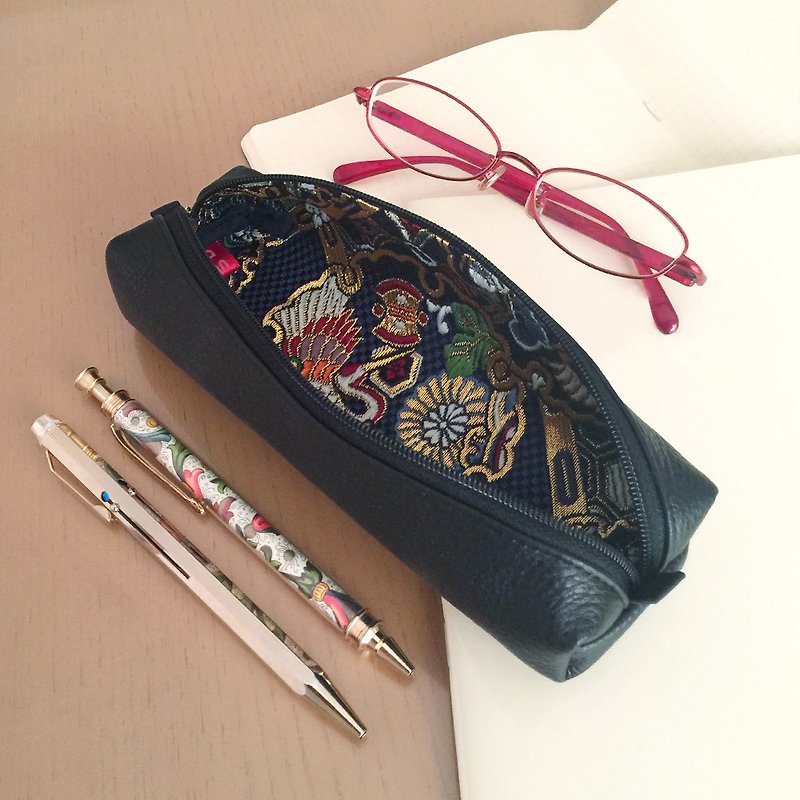 Leather pen case with Japanese Traditional pattern, Kimono - Gold Brocade - Pencil Cases - Genuine Leather Black