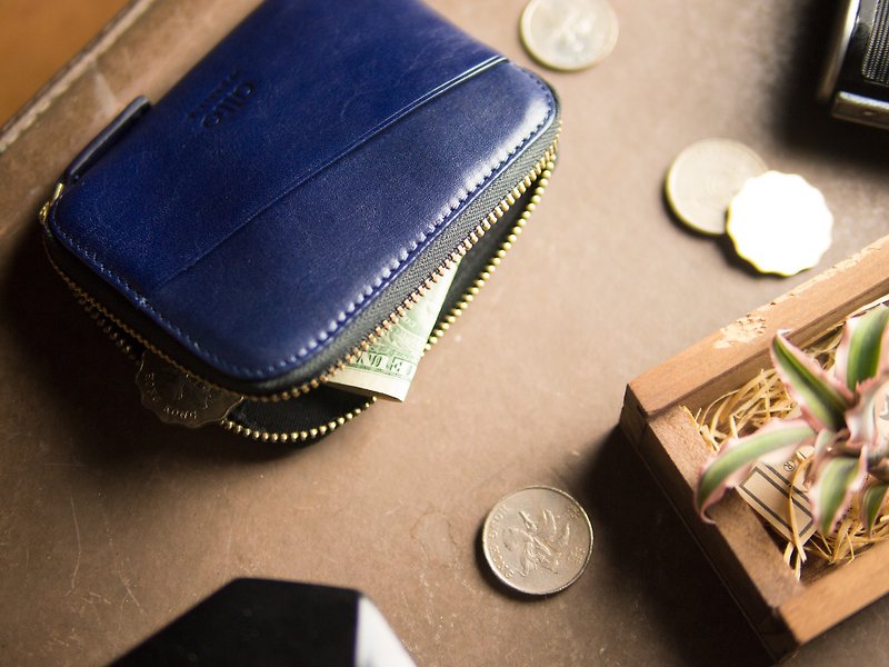 【客製化禮物】皮革收納錢包 - 海軍藍 - 鑰匙圈/鑰匙包 - 真皮 藍色