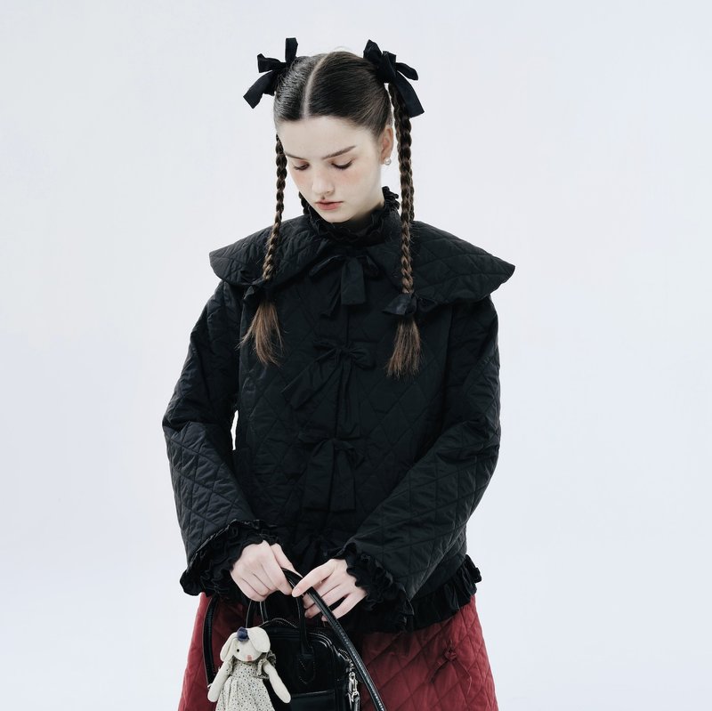 菱格紋大領花邊中式棉服外套 / 黑色 杏色 兩色可選 - 女大衣/外套 - 其他材質 多色