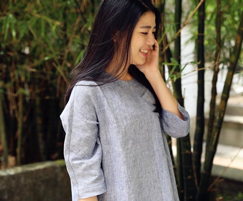 [Cloth for the clothes quiet joy] linen gown bamboo wind blue original design - One Piece Dresses - Cotton & Hemp 
