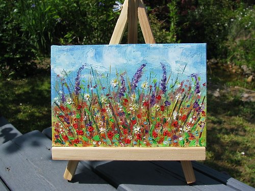DCS-Art Summer flower field original small oil painting on stretched canvas