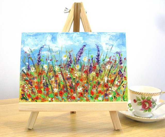 キャンバス油絵　クーちゃん　黄色のお花畑が広がる小道＆マリーゴールド2枚 キャンバス油絵 クーちゃん 黄色のお花畑が広がる小道＆マリー