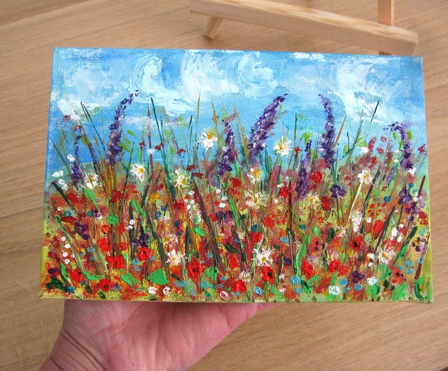 夏の花畑オリジナルの小さな油絵、張られたキャンバス