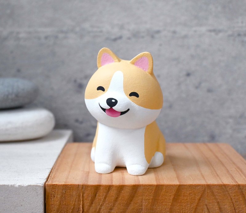 Laughing Mimi Corgi dog business card holder mobile phone holder handmade wooden healing small wood carving decoration doll - Items for Display - Wood Brown