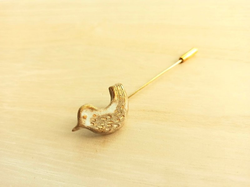 Golden water glaze bird pin - เข็มกลัด - ดินเผา สีกากี