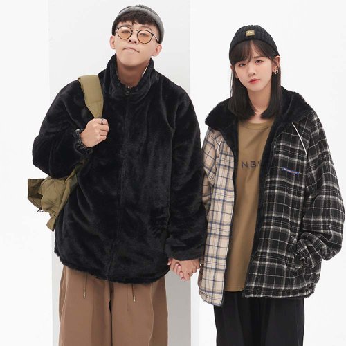 MUYU 【雙 11 限定】冬季撞色拼接正反兩穿休閑保暖格子外套